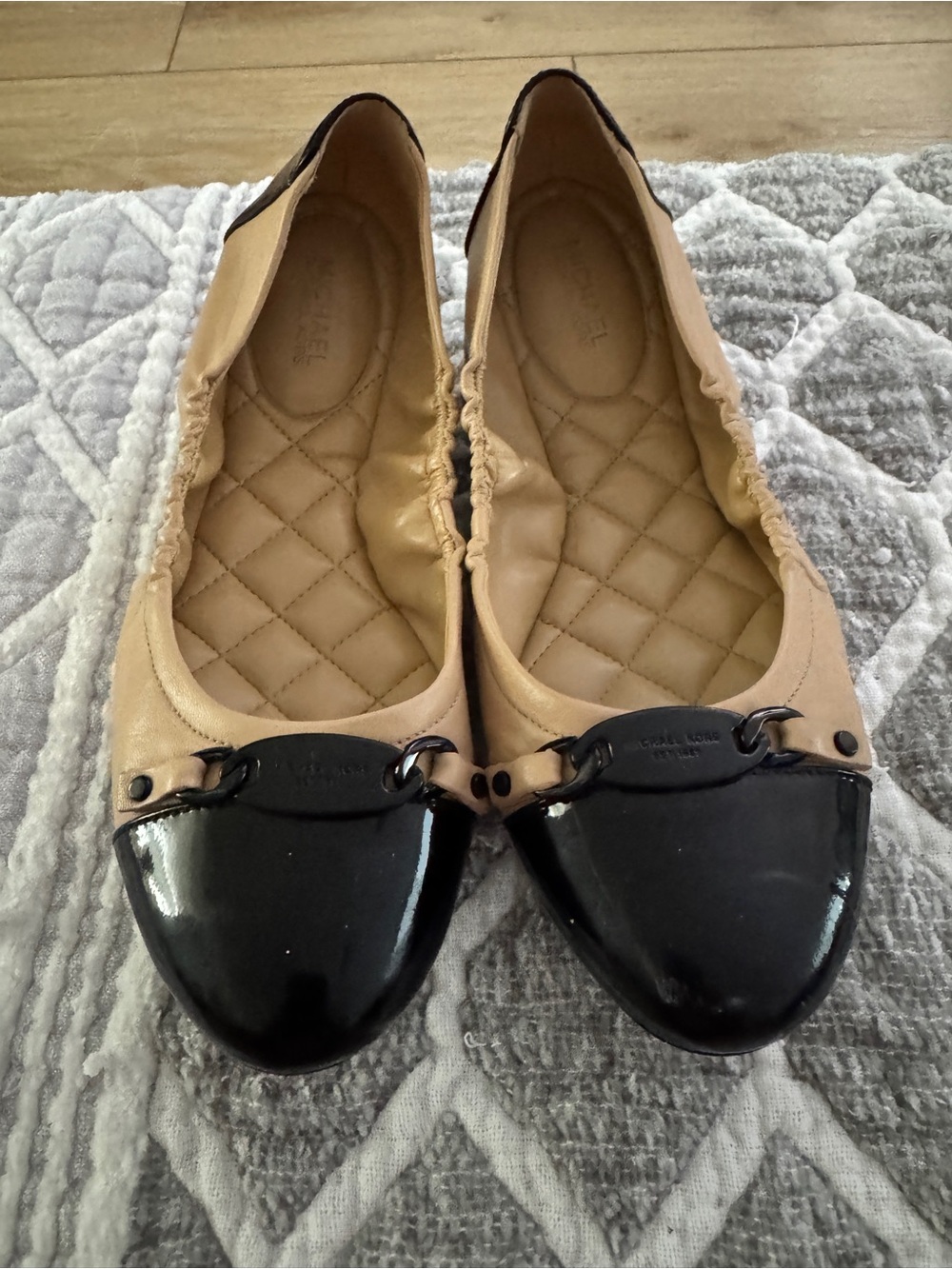Michael Kors Beige Ballet Flats with Black Patent Toe